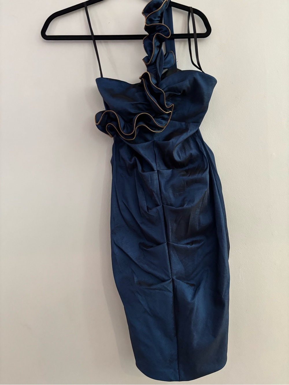 Le Chateau One Shoulder Navy Blue Satin Ruched Ruffle Cocktail Dress 1/2 XS